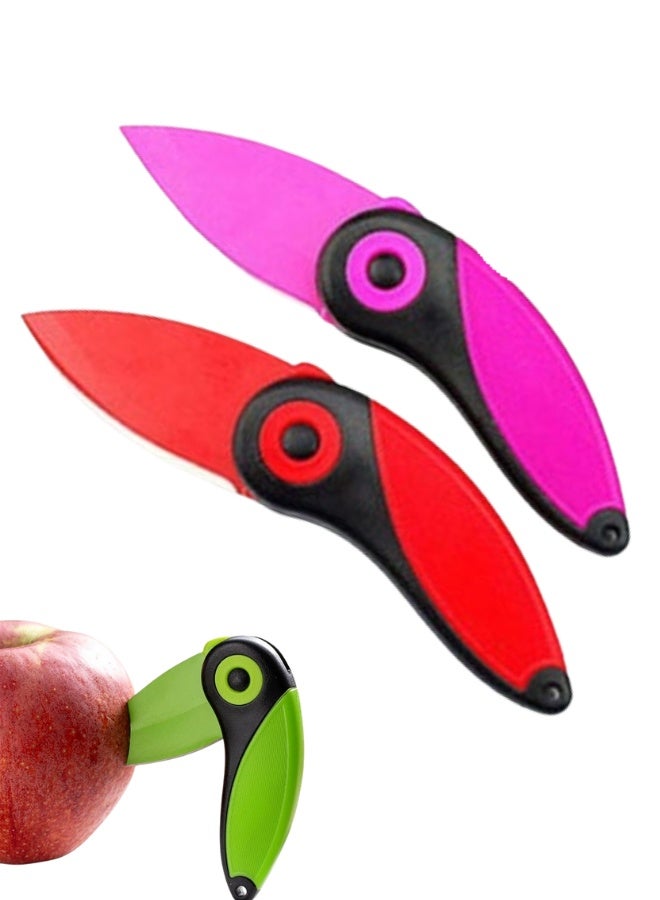 سكينان قابلان للطي من الفولاذ المقاوم للصدأ لتقطيع الفواكه والخضراوات - سكين جيب صغير الحجم محمول لتقطيع وتقشير الفواكه والخضراوات - تصميم آمن قابل للطي مع مقبض مانع للانزلاق للاستخدام في المنزل والمكتب والسفر والمغامرات الخارجية - Image 1